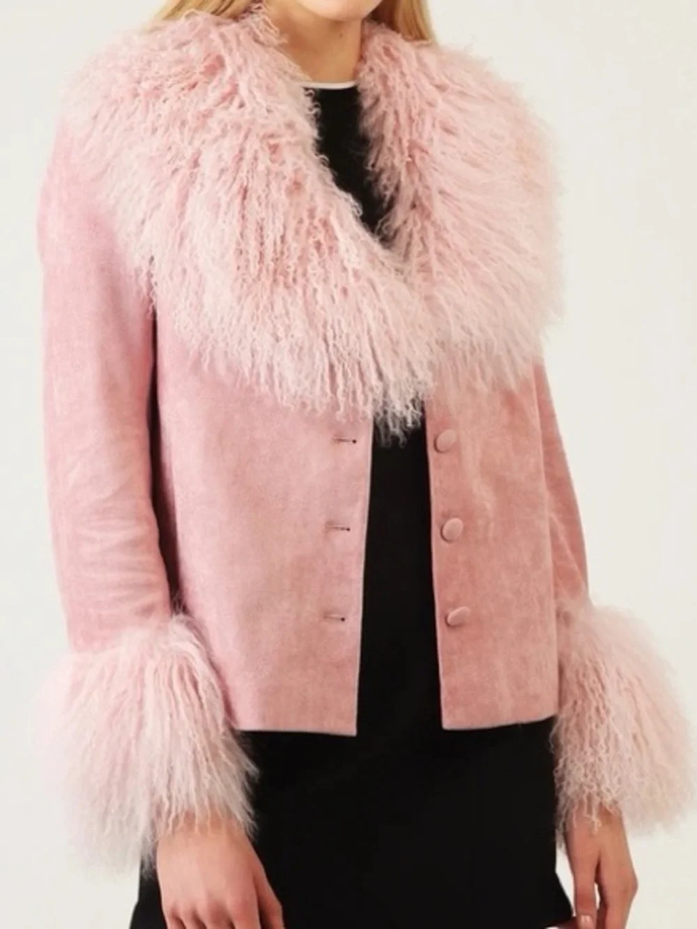 Charlotte Simone Pink Mongolian Fur Cropped Jacket - Picture 2 of 7